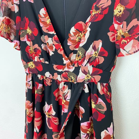 Madewell Tulip Sleeve Mini Dress Size 2 French Rose Floral Black Pink Red V Neck - Picture 4 of 13